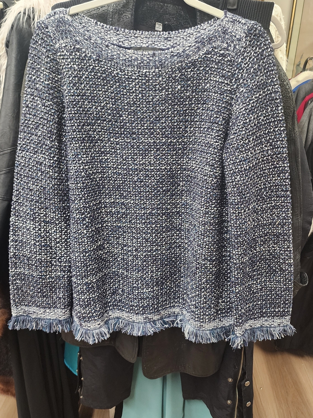 Ann Taylor Navy & White Fringe Hem Crewneck Sweater